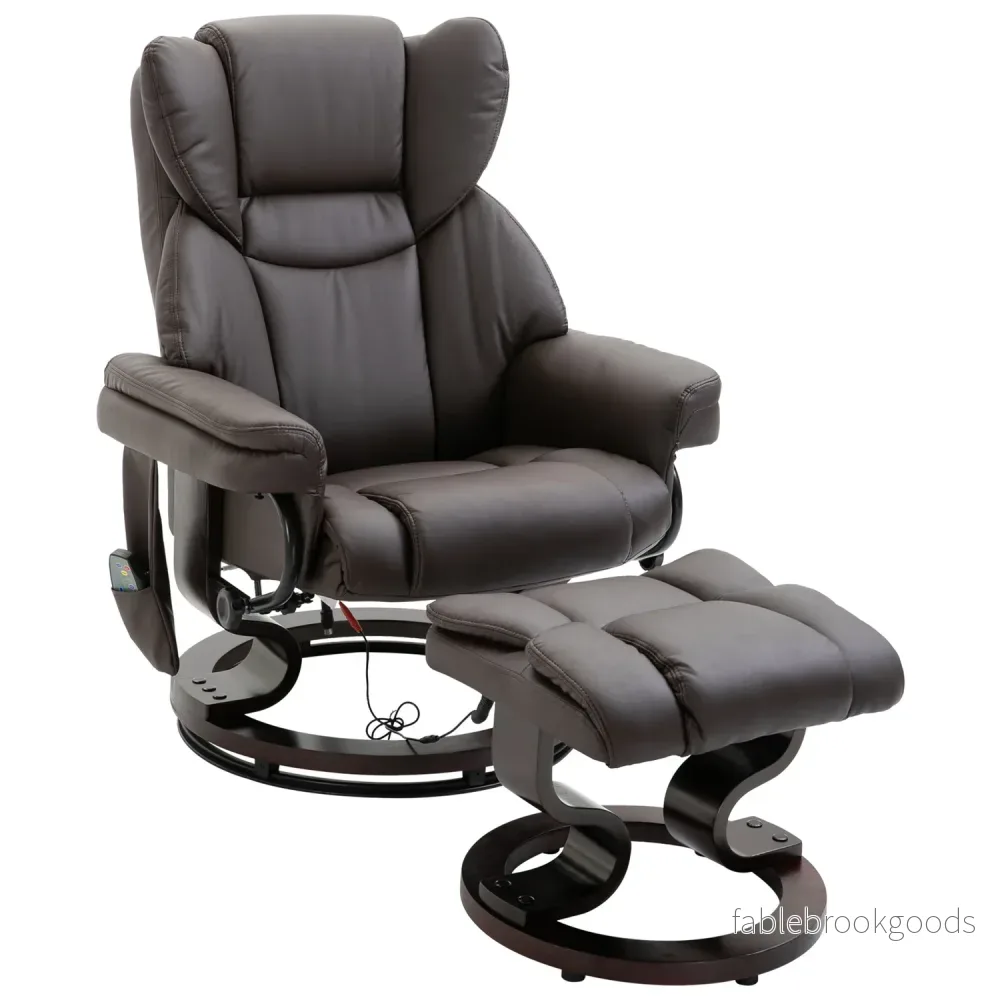 Massagefåtölj med fotpall, konstläder, brun