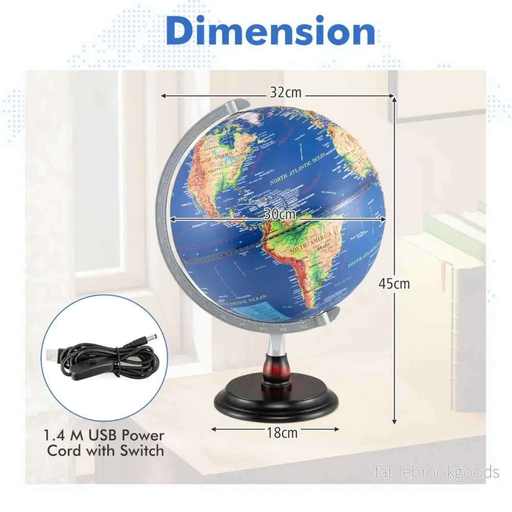 Upplyst – glob med träbas Pedagogisk/geografisk Världskula – Ø 30 cm – Blå - Bild 2