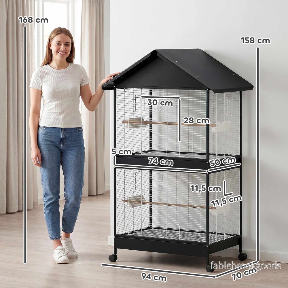 Stor fågelbur med avtagbar avdelare, hjul, vit/svart - Bild 3