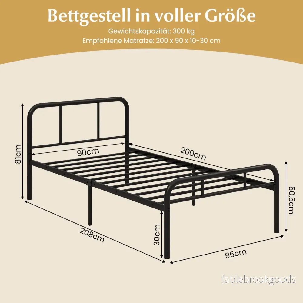 Enkeltsäng – med huvud och fotdel metallsäng sängram metallplattformssäng för madrass – 90 x 200 cm – Svart - Bild 2