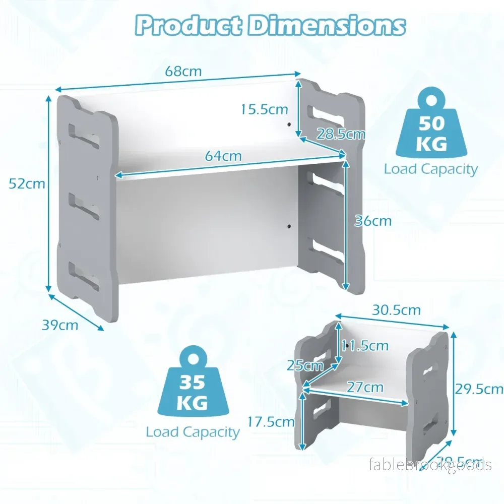 DEL. – Barn Bord och Stol Set med Pall Rundad Hörn Design – 3 2 – Grå - Bild 2