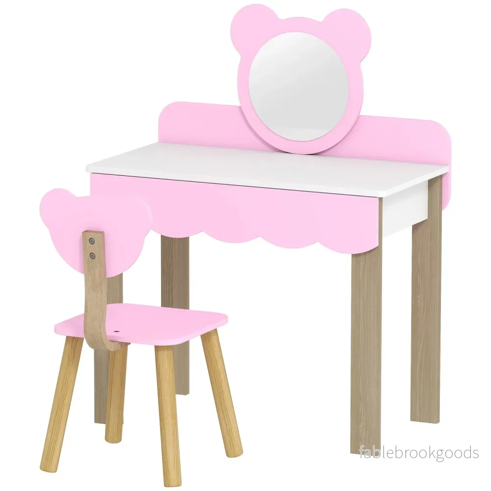 Barnsängkläder med pall, björnspegel, rosa MDF