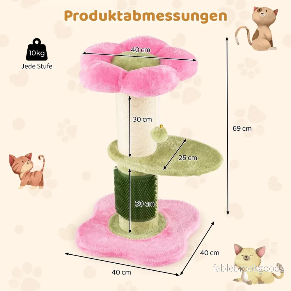 Blommig – kattklätterträd med vadderad plyschsits Litet – 69 cm – Rosa - Bild 2
