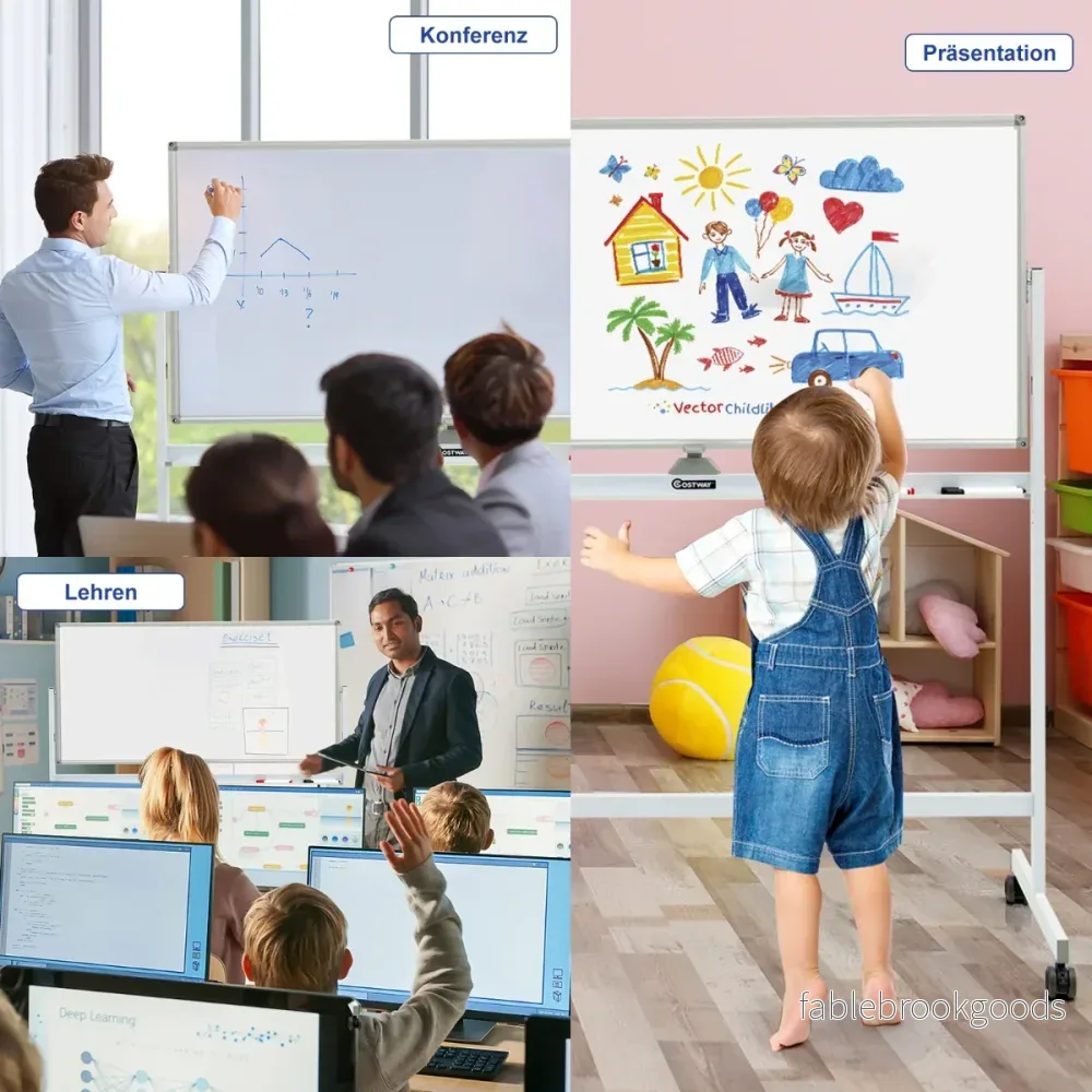 Dubbelsidig – magnetisk mobil whiteboard justerbar torrraderingstavla på hjul vita – Vit - Bild 3