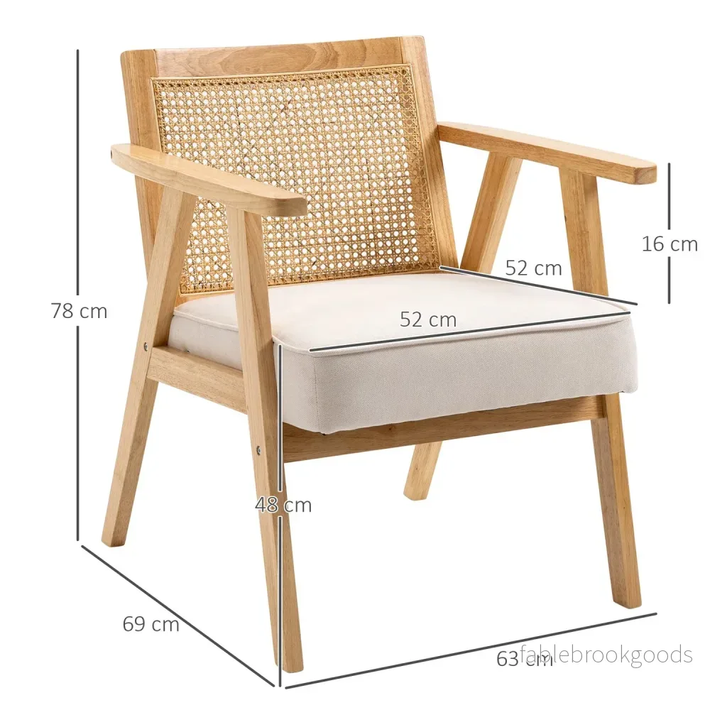 Exotisk stoppad stol, gummiträ, sittdyna i linnelook, 63L x 69W x 78H cm, krämvit - Bild 3