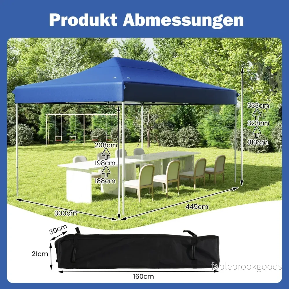 Faltpaviljong – med rullväska och rep Höjdjusterbar Pop Up Trädgårdspaviljong – 4 3 x 4,5 m – Mörkblå - Bild 2
