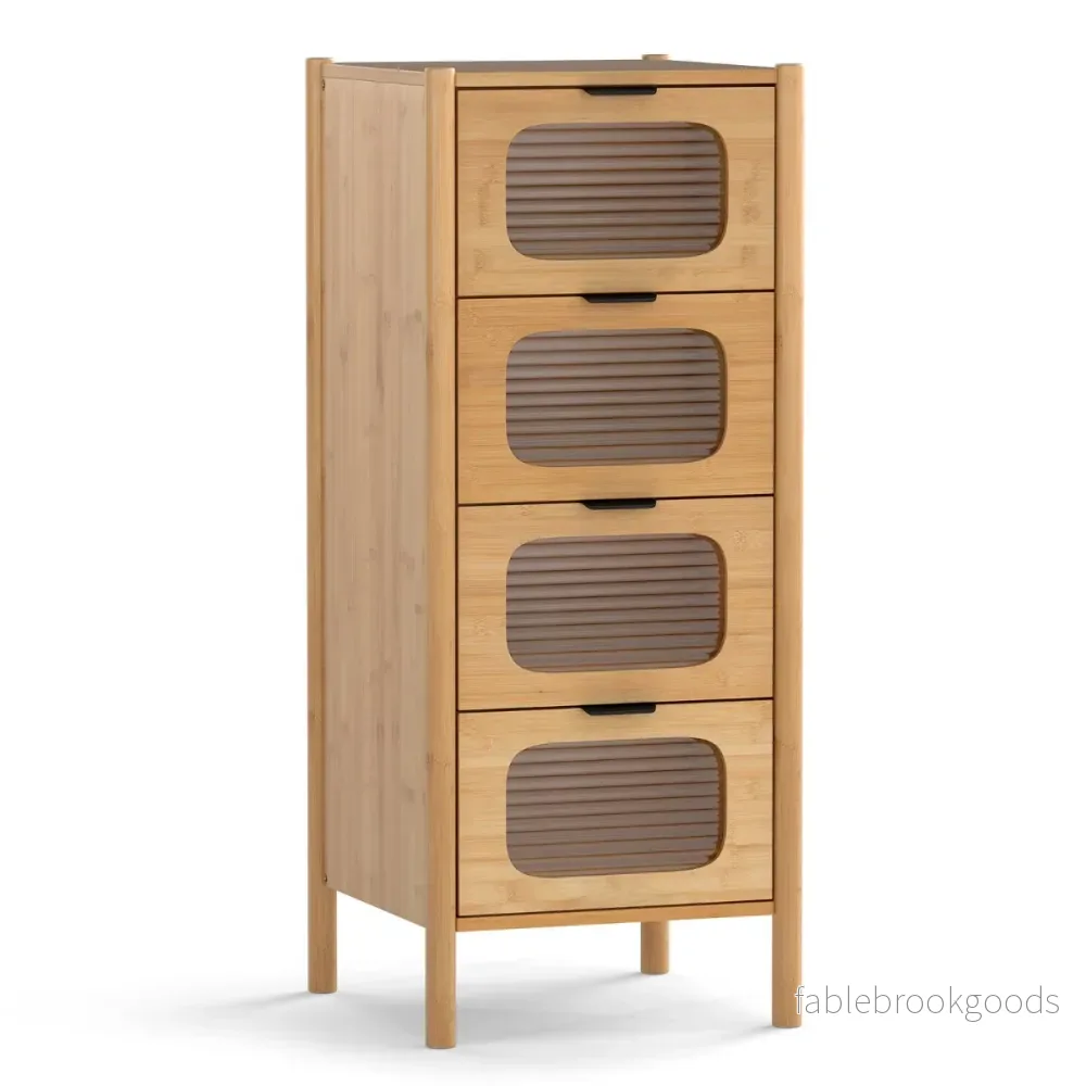 Kommodeskåp – med lådor, sidobord i bambu och härdat glas, – 4 40 x 40 x 97 cm – Natur