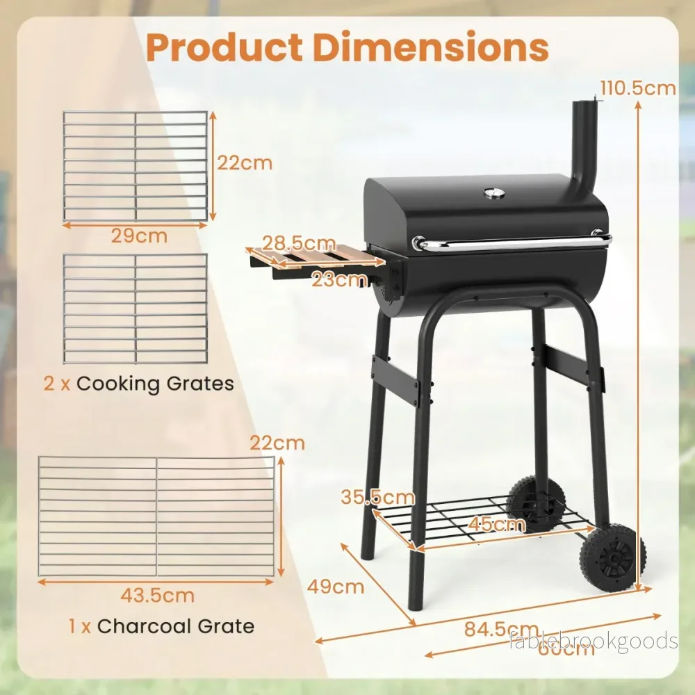Träkolgrill – med Klappbar Sidobord och Termostat Grillvagn Utomhus BBQ – Svart - Bild 2