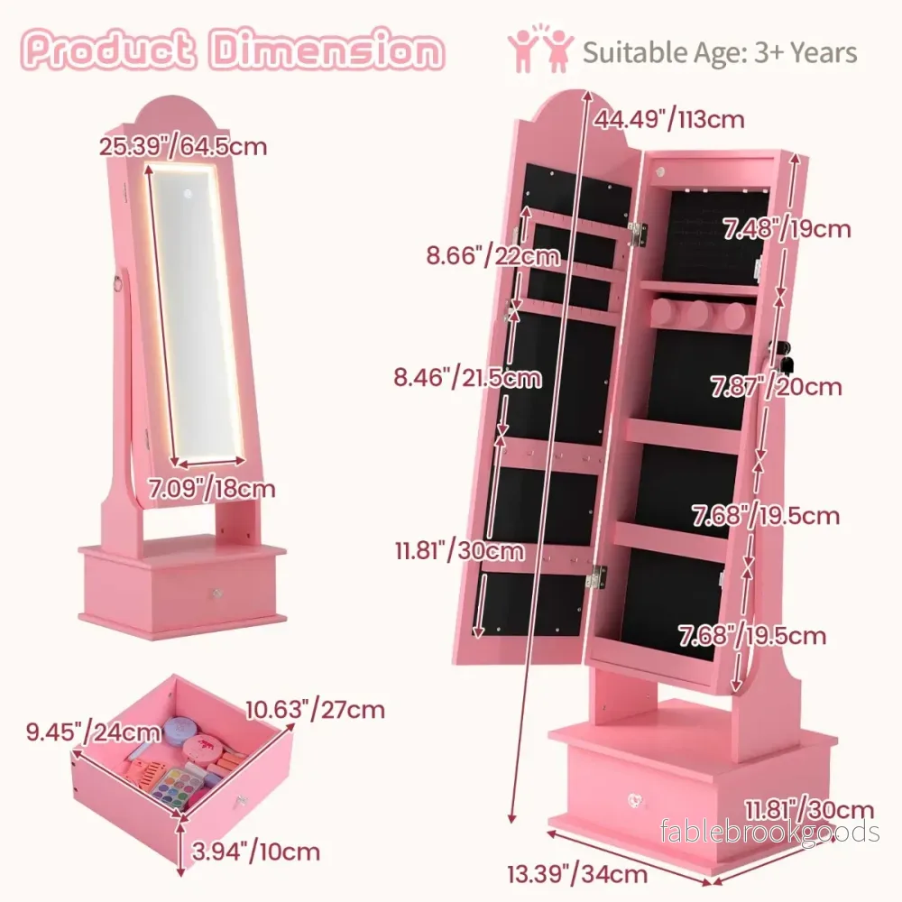 Barn – Smyckeskåp med Belysning Stående Smyckeorganizer Helkroppsspegel – Rosa - Bild 2
