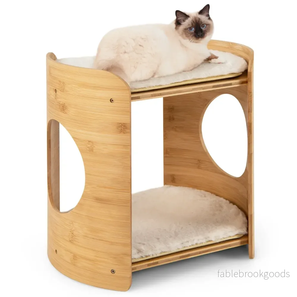 vånings – bambu kattsäng med avtagbara plyschmattor och katthål för kattsovplats – 2 2 – Beige