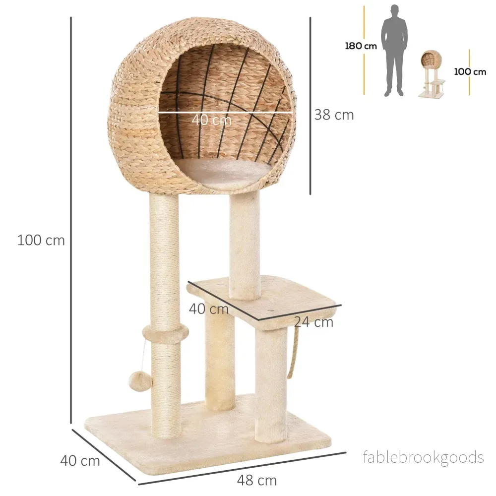 Kattträd med skrapstolpe och grotta, beige, 100 cm hög - Bild 3