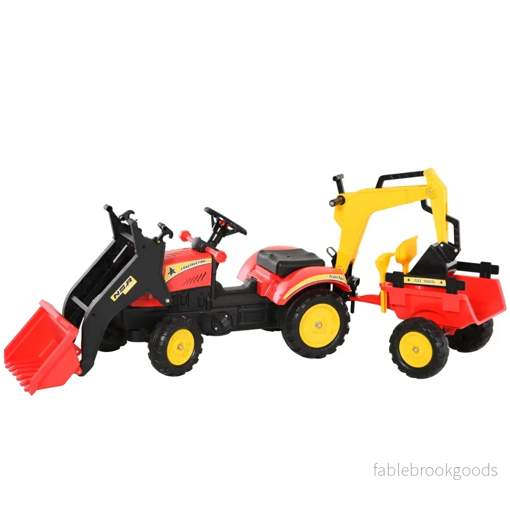 Pedaltraktor för barn med släp och frontlastare, röd