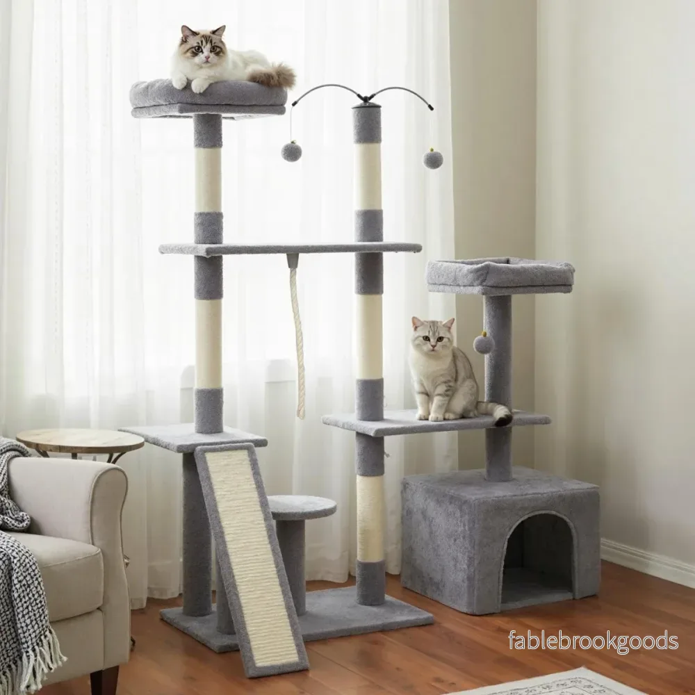Kratzbaum – med roterbar design Kattklätterträd kattgrotta och ramp Klatsträd – Ljusgrå - Bild 3