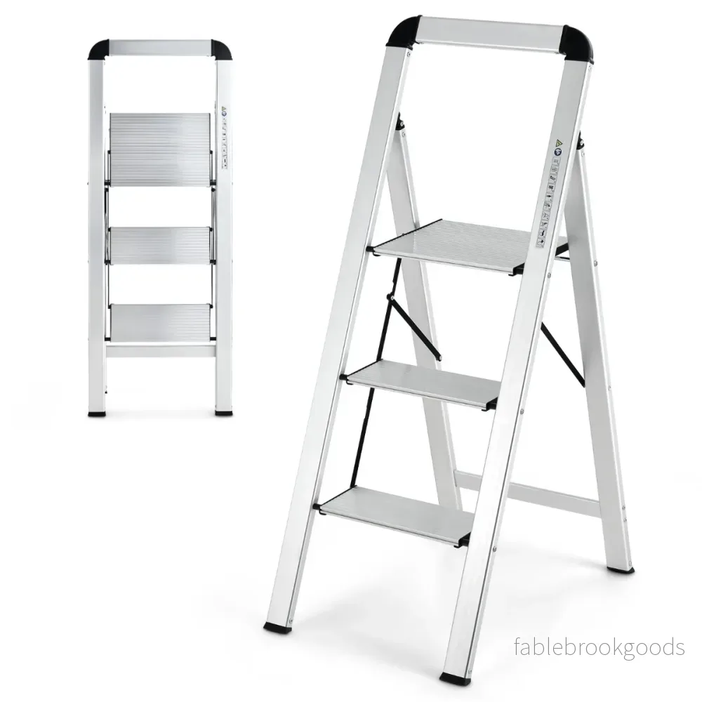 Trappstege – med Fällbar stegpall av aluminium halkfria – 3 62 x 44 x 109 cm – Silver