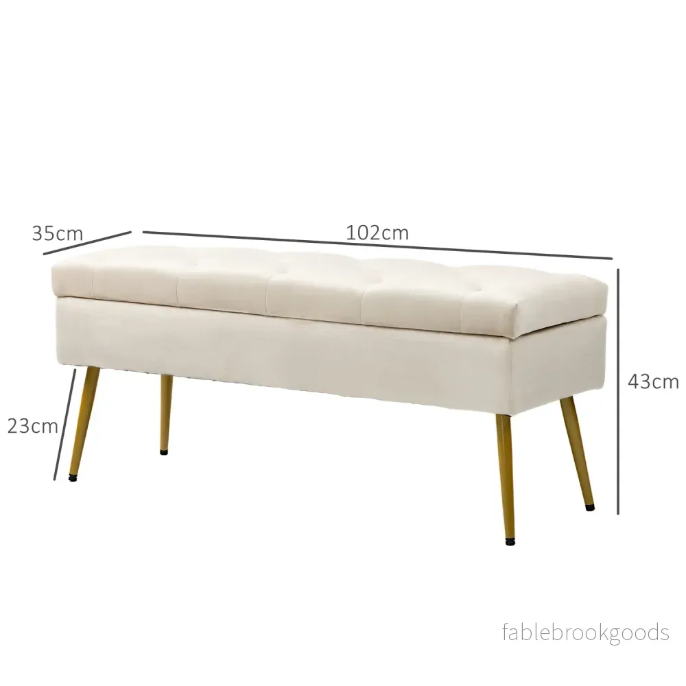 Klädd förvaringsbänk, sammetslook, beige, 102 x 35 x 43 cm - Bild 3