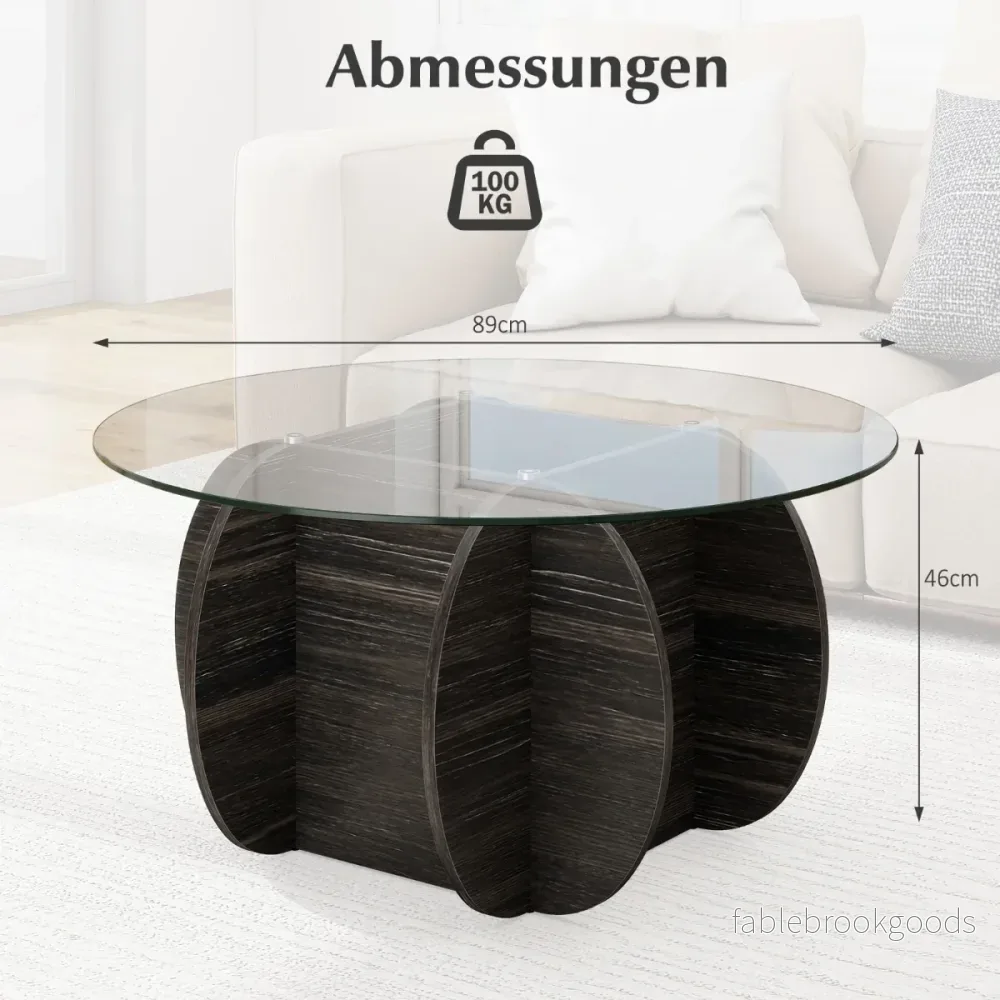Rund – soffbord med härdat glasbordsskiva och massivt träunderrede Modernt – Ø 89 cm – Svart - Bild 2