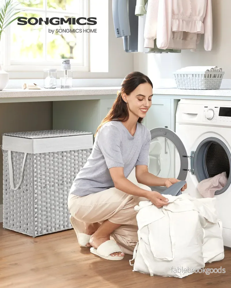 Wasmand met Deksel - 2 Vakken - 90 Liter - Handgeweven - Wit - Bild 2