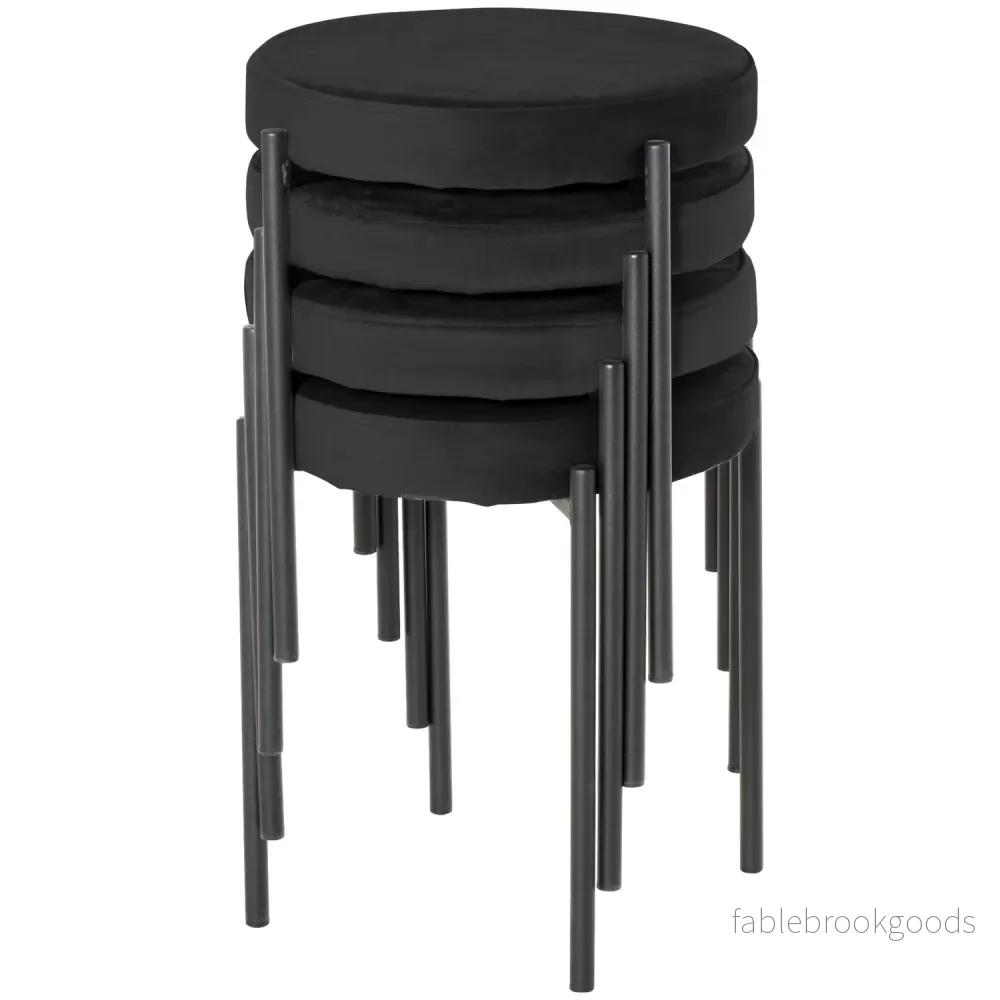 Set med 4 st stapelbara bänkpallar i sammet, svart, vadderad sits