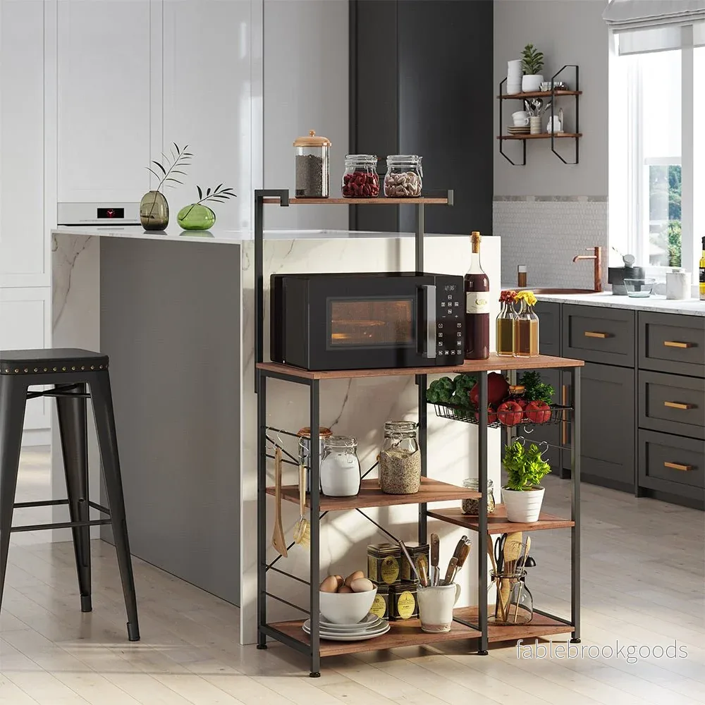 Kökshylla – Med metallkorg – Vintage Mörkbrun - Bild 2