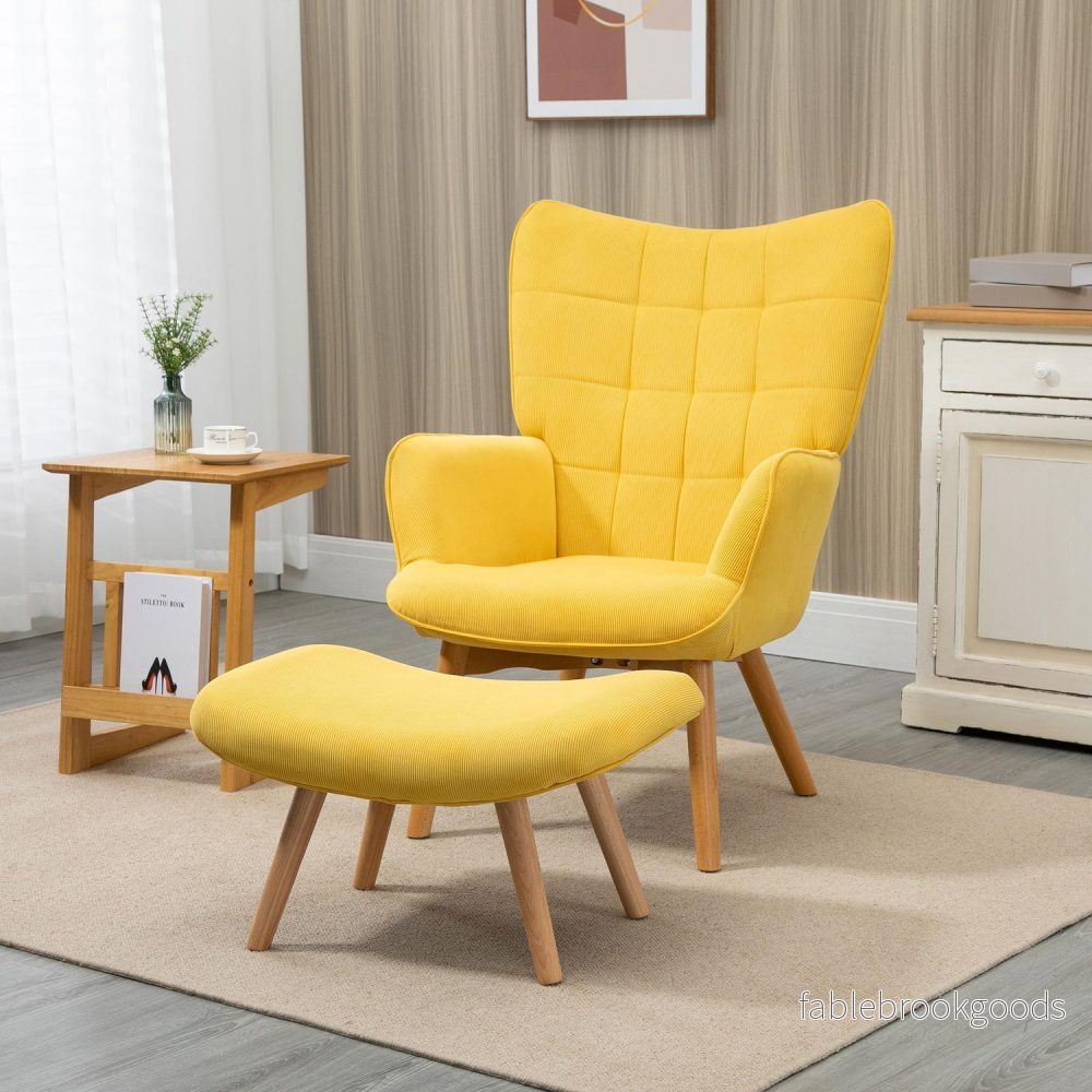 Gul Corduroy Wing Chair med pall – Wooden Legs Fåtölj - Bild 2