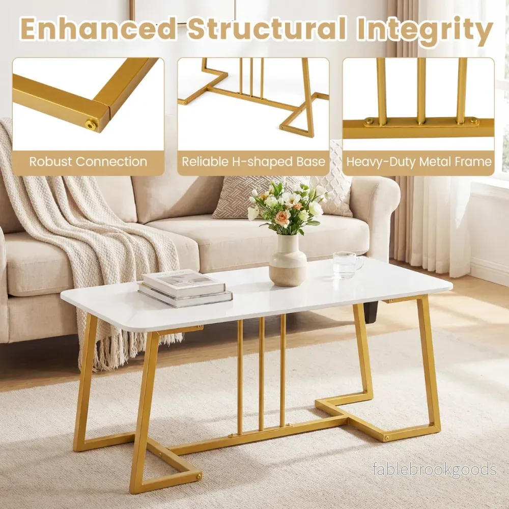 Soffbord – konstmarmer metallram rutschfäst modern sidobord – 90 cm – Vit - Bild 3