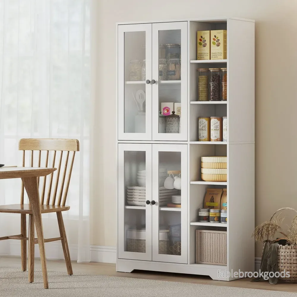 Köksskåp med glasdörrar, hyllor, 172 cm, vit MDF - Bild 2