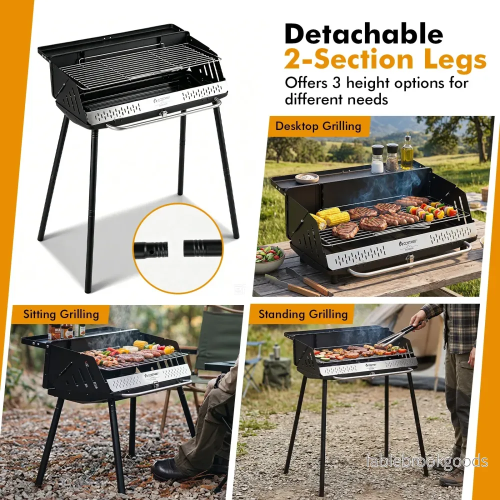 Portabel – kolgrill med tre höjdinställningar, campinggrill tvågrads galler och metallram - Bild 3