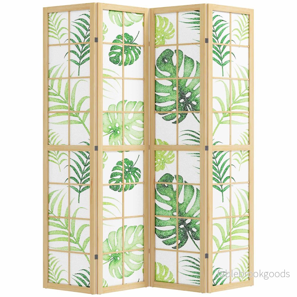 Vikbar rumsavdelare med 4 paneler, bohemisk palmdesign, grön