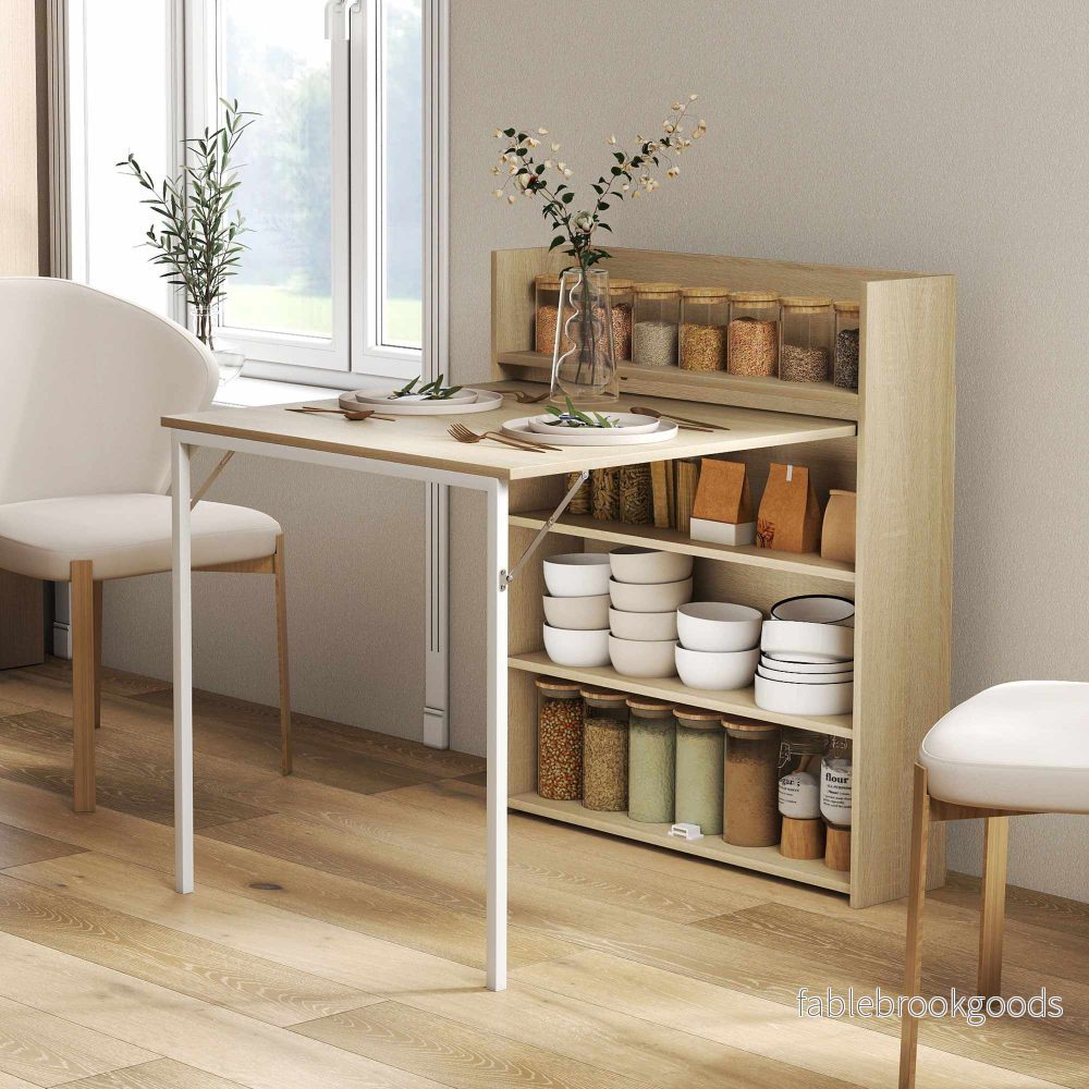 Hopfällbart matbord med hyllplan, industriell design, ek, platsbesparande - Bild 2