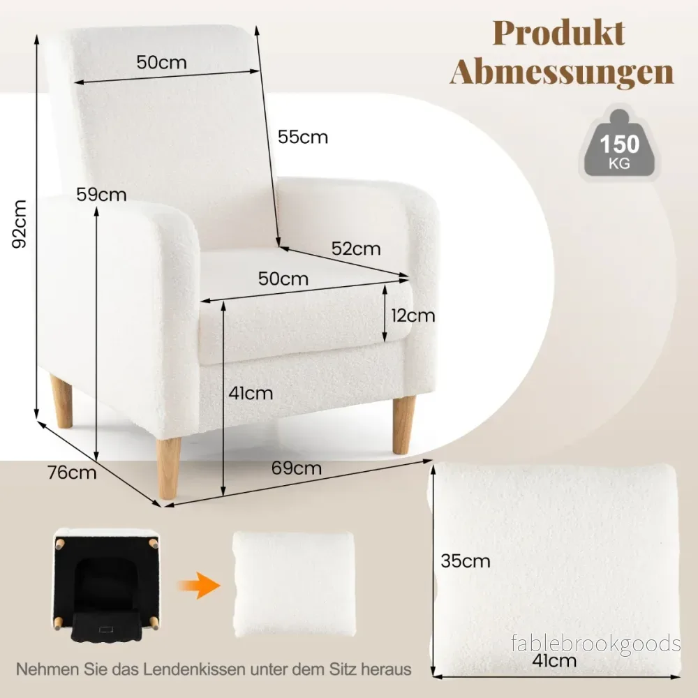 Teddyfåtölj – med ländkudde och träben Polstrad loungestol upp till belastning – 150 kg – Beige - Bild 2