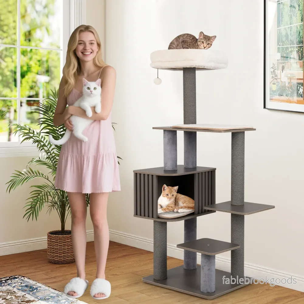 Klösträd – med kattgrotta och klösposter boll avtagbara mattor kattträd – 151 cm – Grå - Bild 3