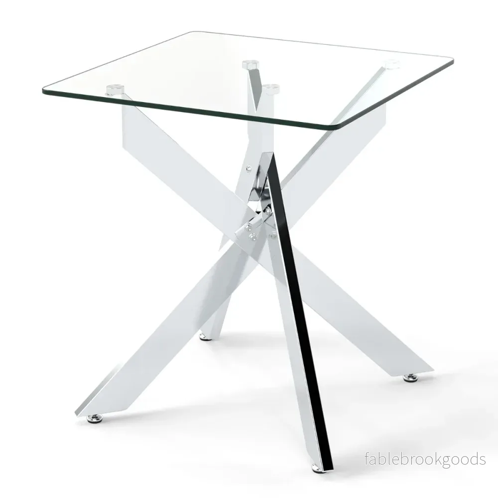 Glas – Sidobord Kvadratiskt Matbord med Härdad och X Metallstomme Modernt – Silver