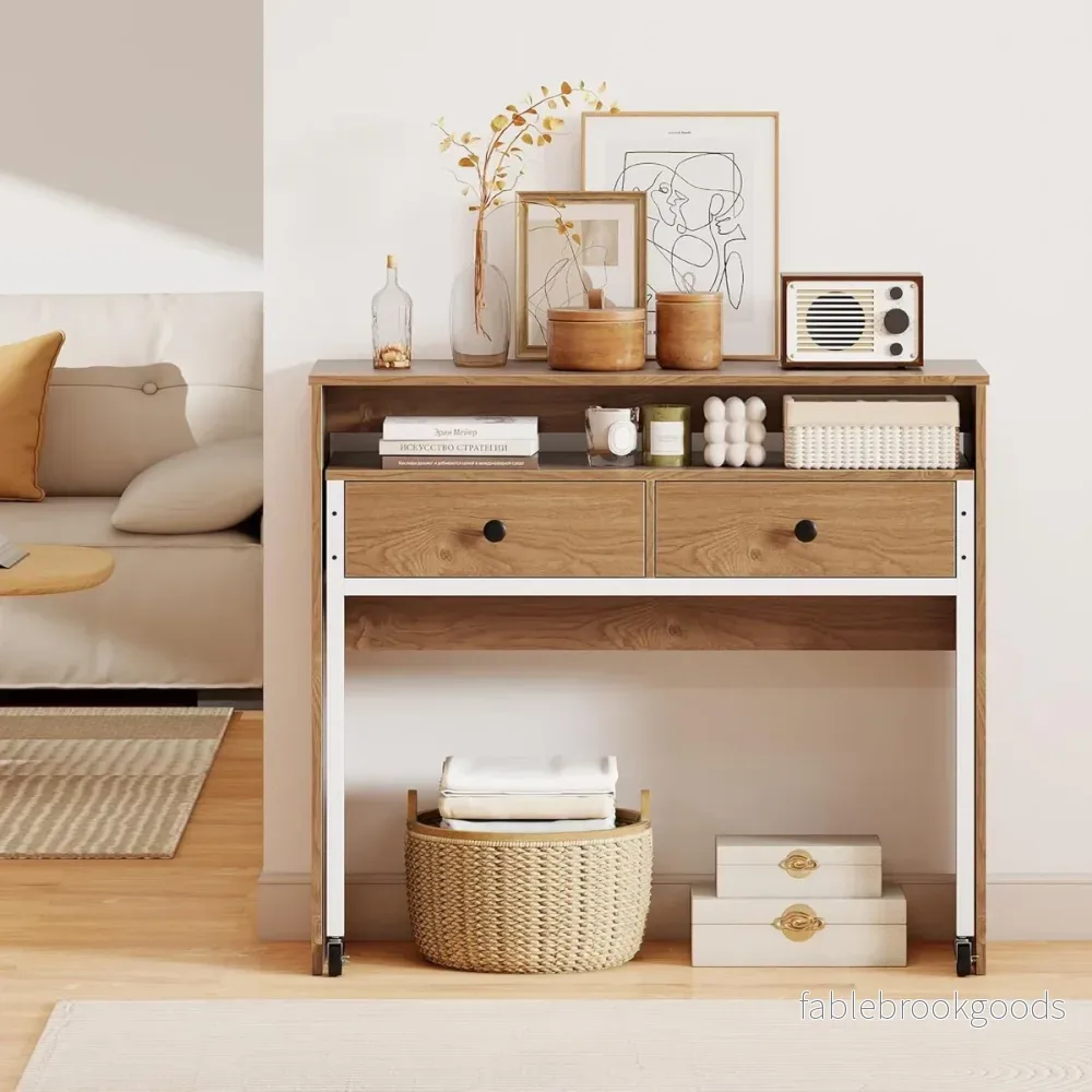 Utdragbart – skrivbord, mindre datortabell med lådor och hjul – 2 100 x 63 x 88 cm – Natur - Bild 3
