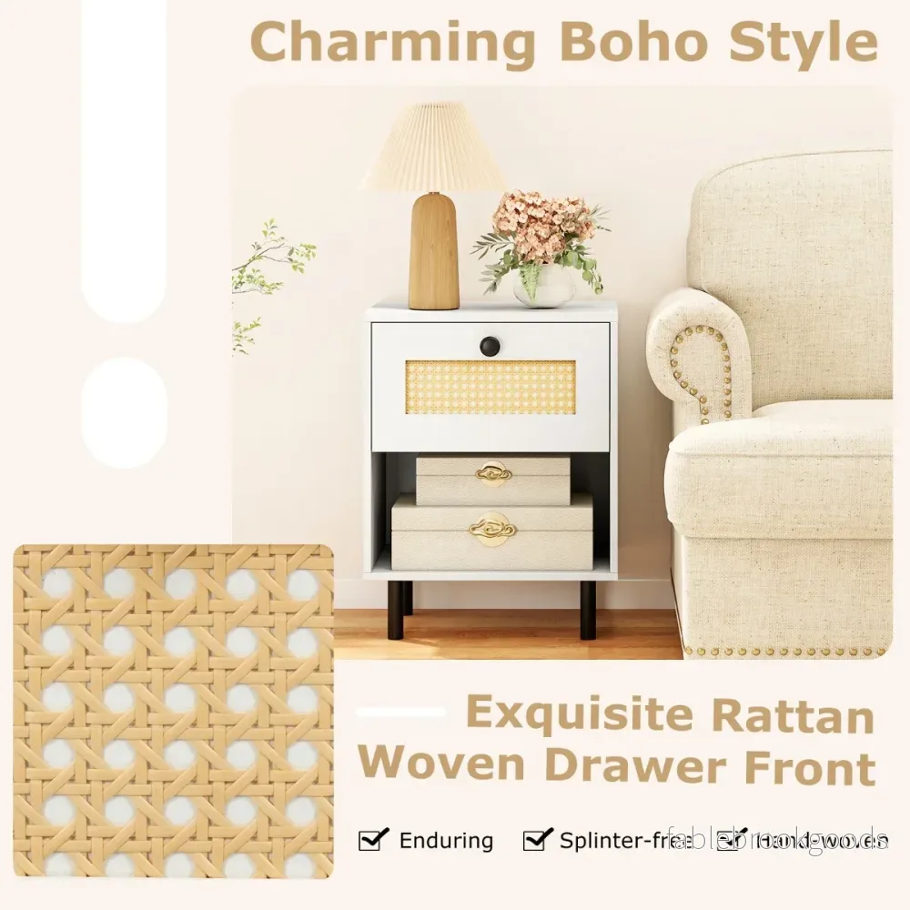 pack – nattduksbord i boho stil med rottinglåda stabila ben tippskydd – 2 4 2 – Vit - Bild 3
