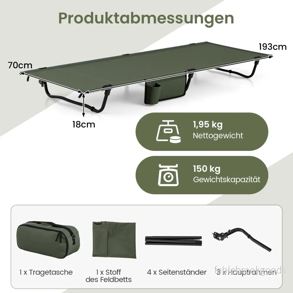 Ultralätt – fältbädd campingbädd med sidoficka bärbar hopfällbar säng bärförmåga – 150 kg – Grön - Bild 2