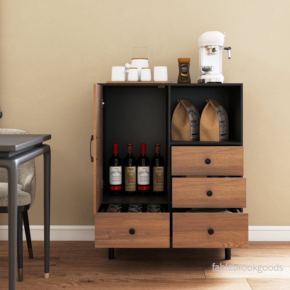 Buffet – sidobord medeltida modern förvaringsskåp med lådor och öppen hylla – 4 – Svart - Bild 3