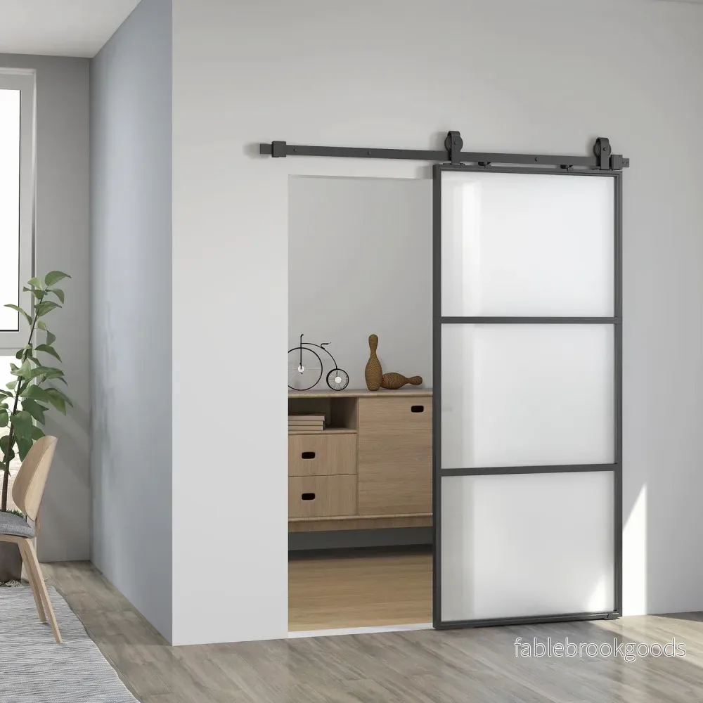 Skjutdörrssats med frostat glas, soft-Close, svart stål - Bild 2