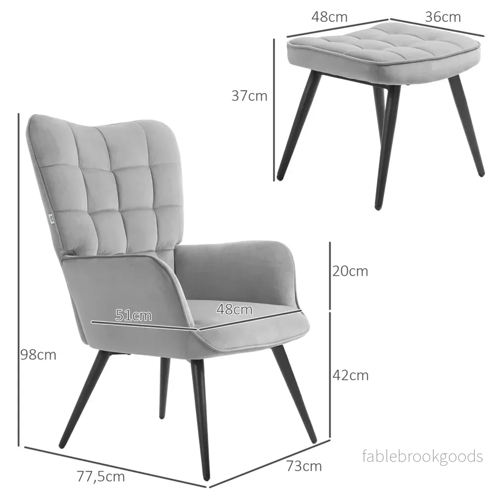Lounge Wingback stol och pall, sammetslook, ljusgrå - Bild 3