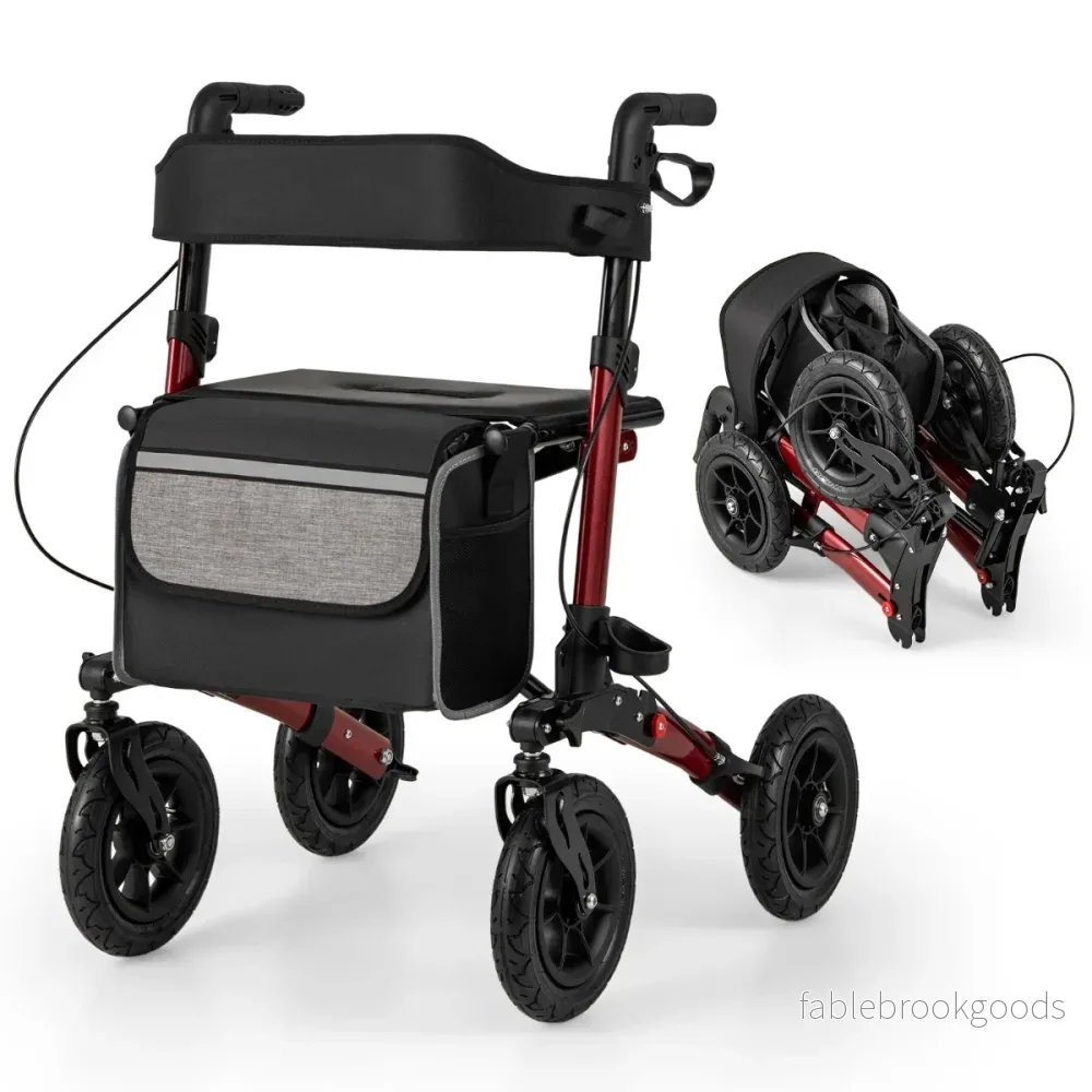 Fällbar – och lätt rollator med luftdäck sittplats i aluminium, upp till kg, i rullstol – 140 2 1 – Röd