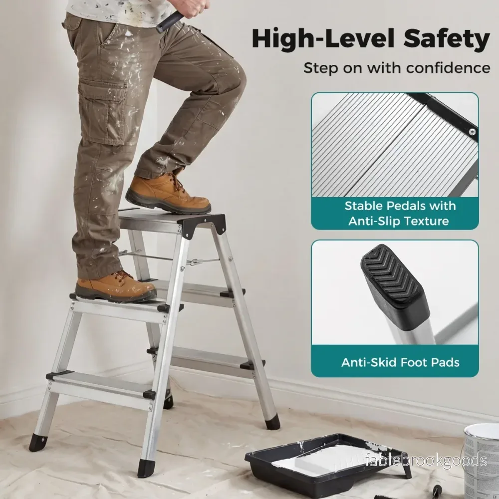 stegs – stege Aluminium vikbar fotpall med breda trampytor och halkfria fotskydd – 3 – Silver - Bild 3