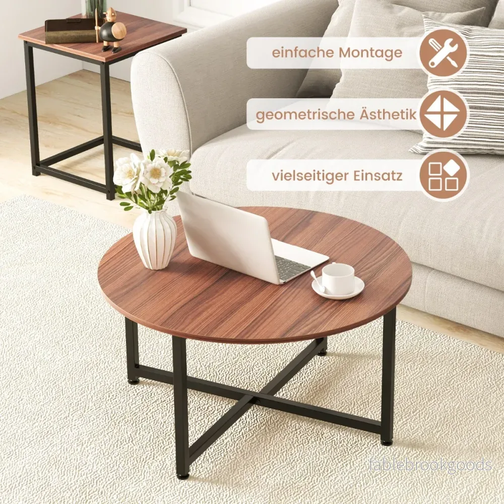 Set – med soffbord robust metallram, runt och fyrkantiga sidobord – 3 2 – Brun
