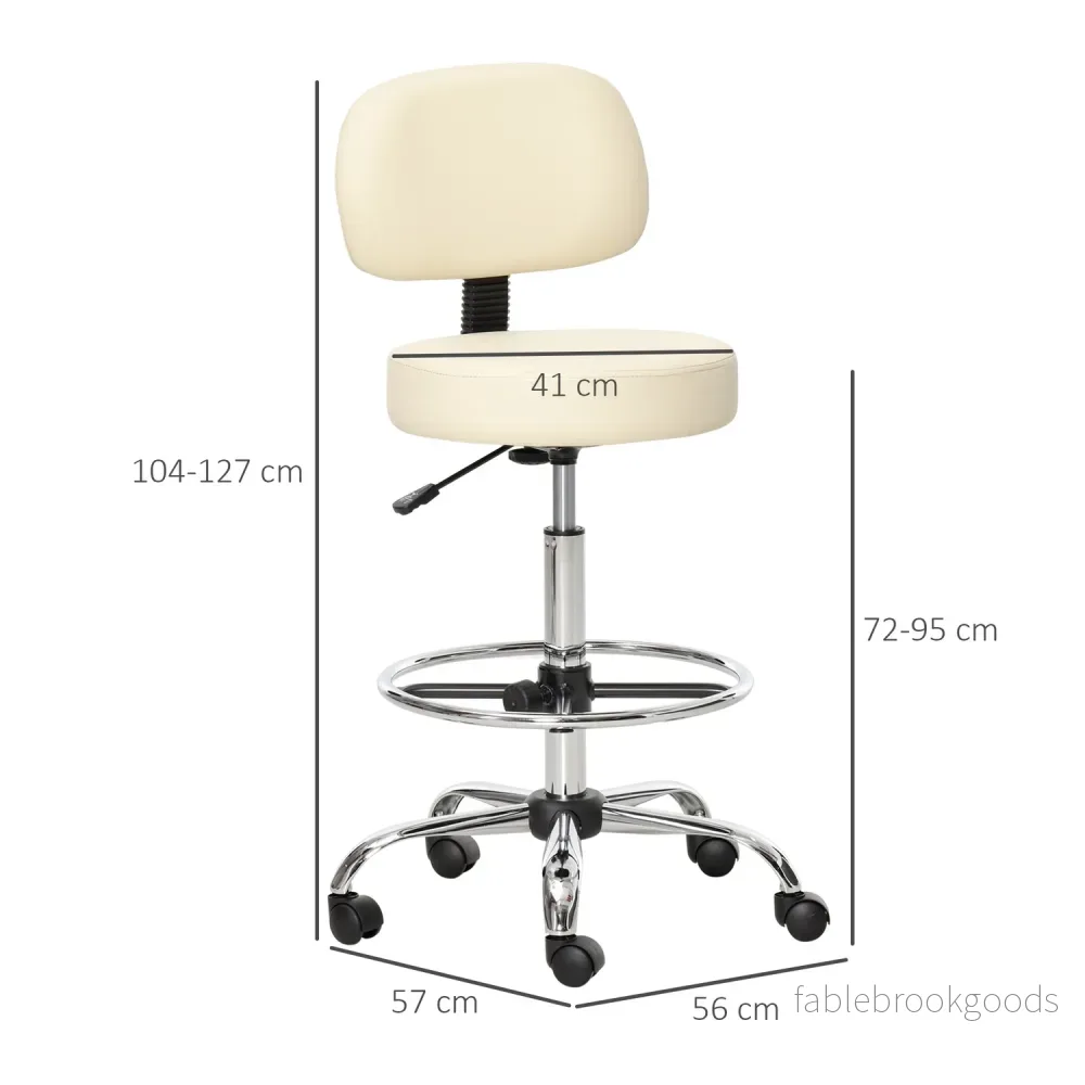 Justerbar beige PU pall med ryggstöd – 56x57x104-127cm - Bild 3