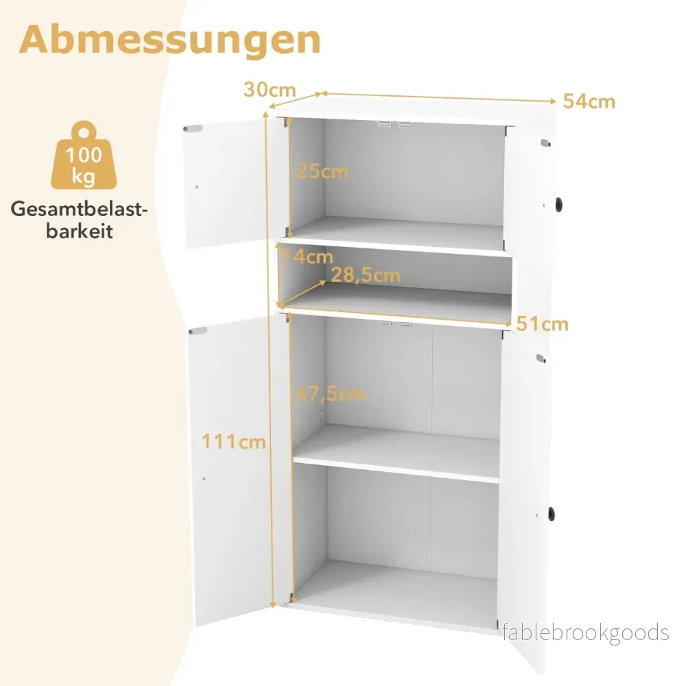 Hög – bokhylla med dörrar våningsförvaringsorganiserare justerbara hyllor – 4 4 111 cm – Vit - Bild 2