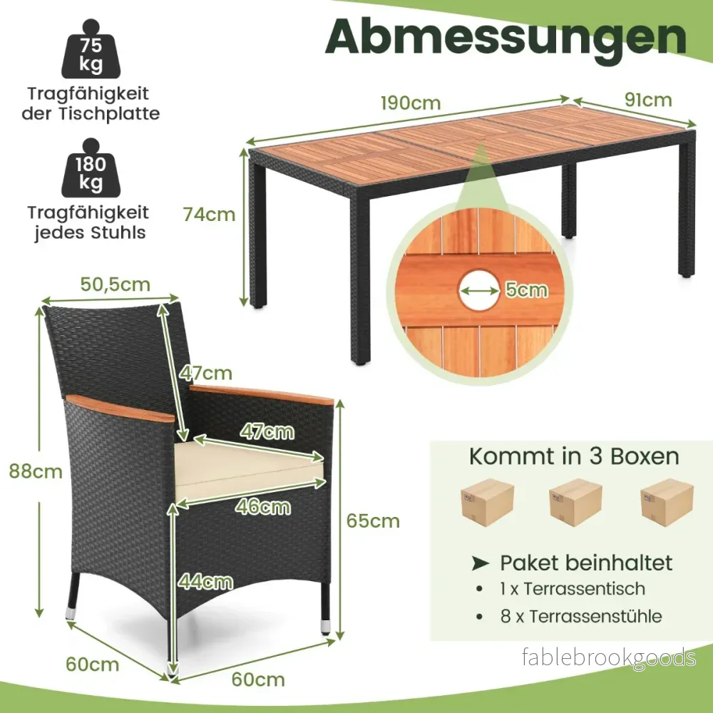 TLG. – Rattan Trädgårdsmöbel Set Matset för personer Trädgårdsbord i akaciaträ med parasollhål – 9 8 – Vit - Bild 2