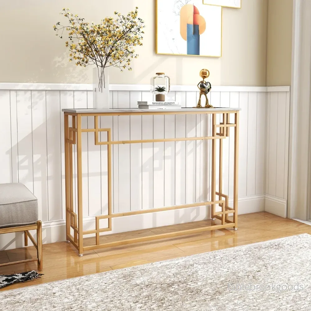 Konsolbord – med marmor och geometrisk metallram Entrébord smalt gyllene – Guld