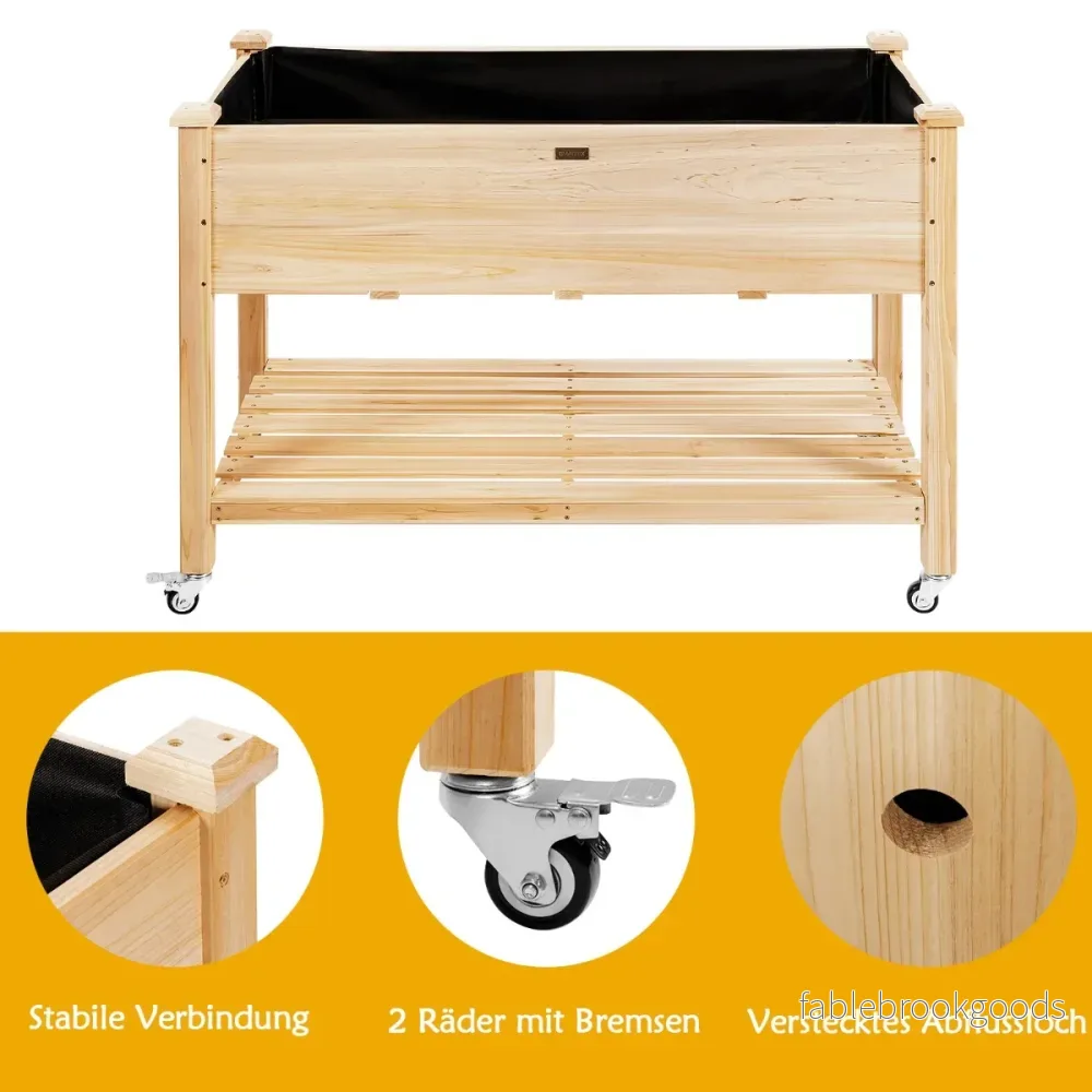 Upphöjd – trädgårdsbädd i trä med låsbara hjul Naturlig – 120 x 59 x 84 cm – Natur - Bild 2