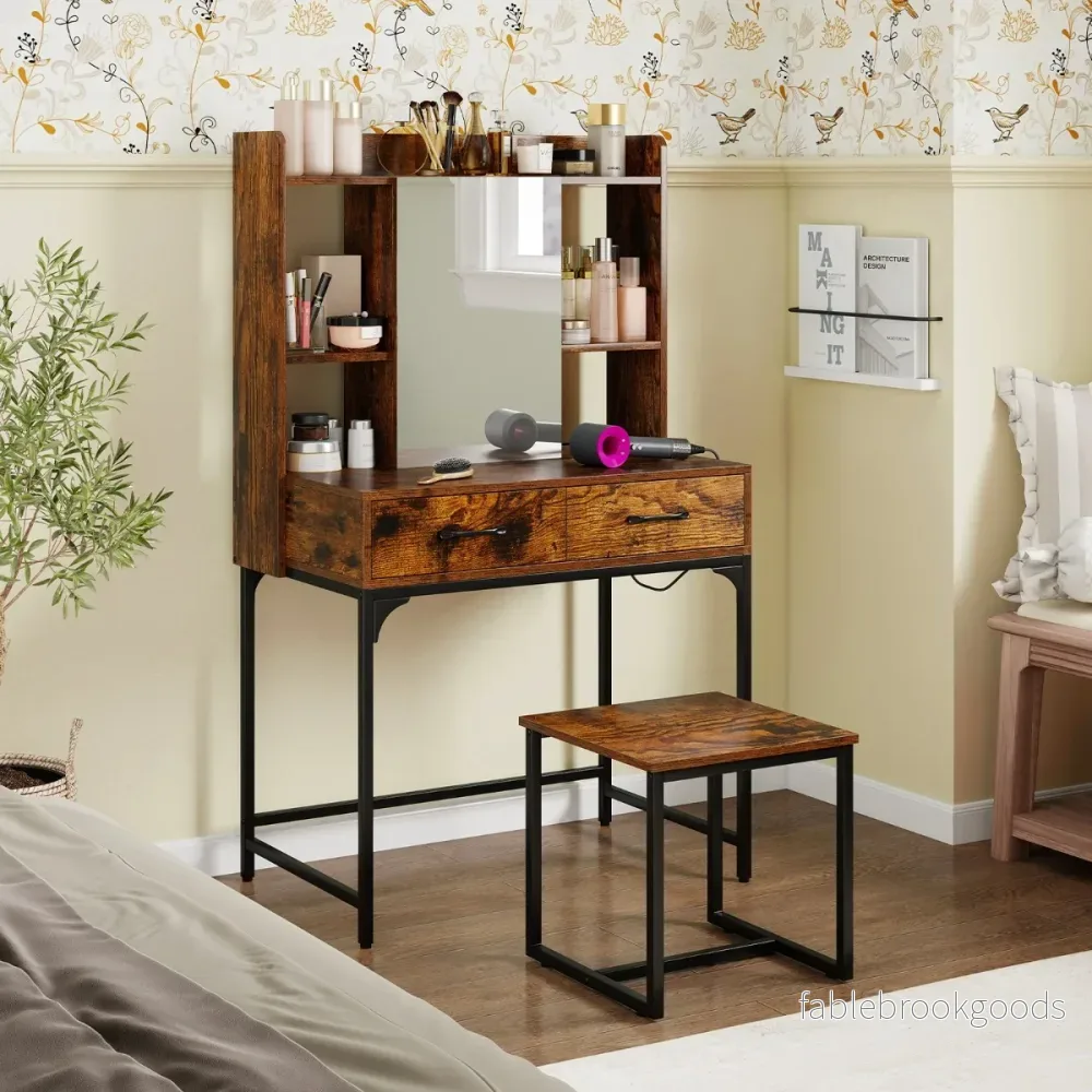 Sminkbord – set med spegel laddstation Lådor öppna hyllor – Rustik brun - Bild 3