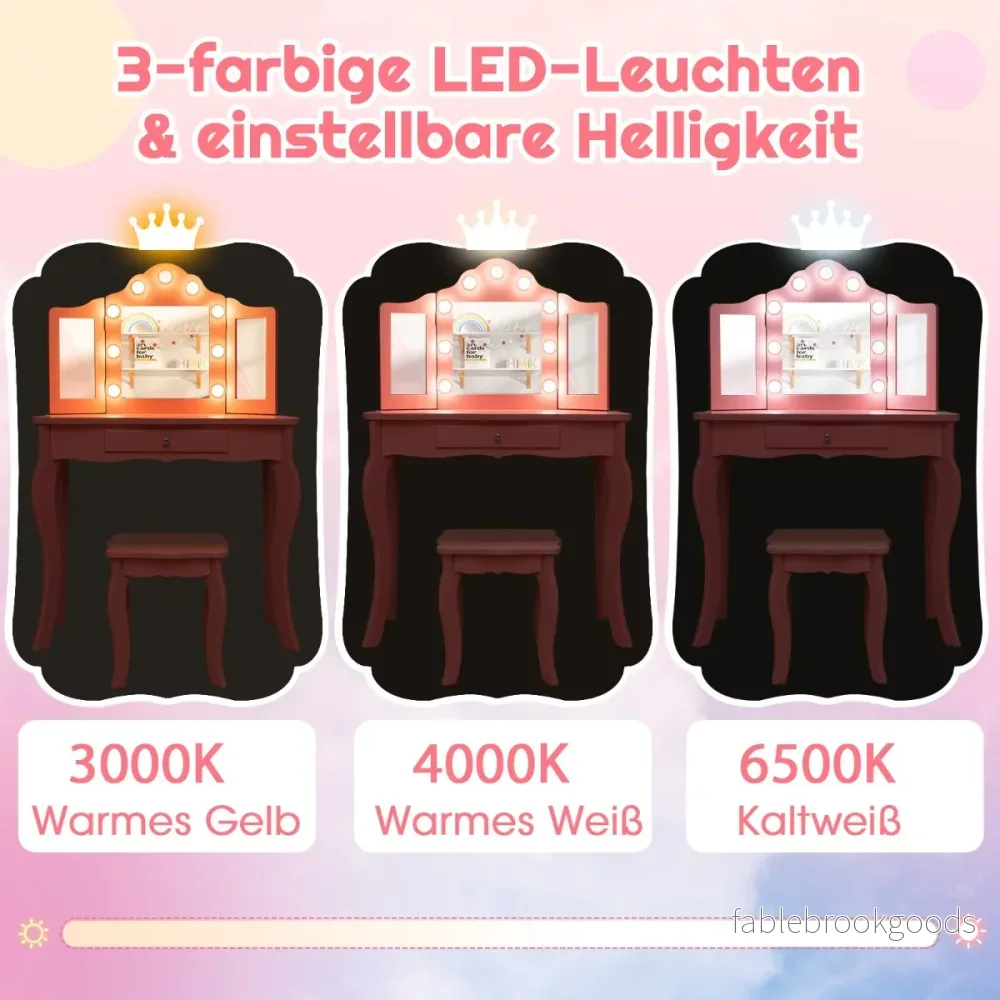 i – toalettbord för barn med LED lampor och hopfällbar spegel lådor – 2 1 – Vit - Bild 3