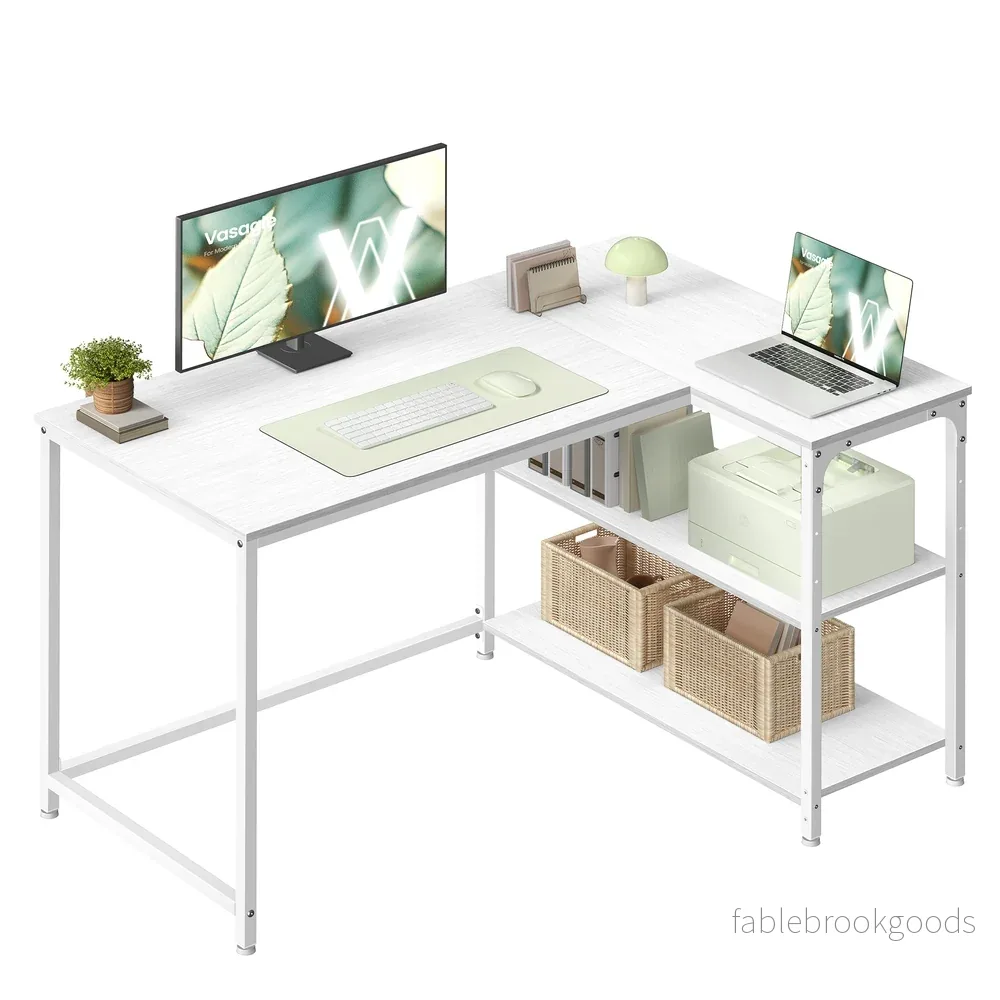 Hoekbureau - 110 x 80 x 76 cm - in hoogte verstelbare plank - esdoornwit - 50 kg maximaal draagvermogen tafelblad - 15 kg maximaal draagvermogen plank