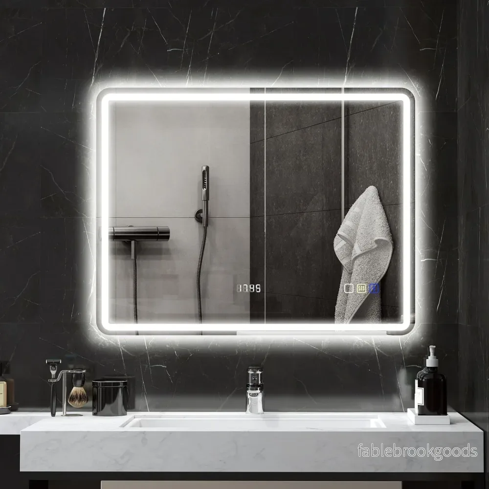 Badrumsspegel med LED-belysning, anti-dimdyna, 3 justerbara färger, klocka, 700 x 900 mm, silver - Bild 3
